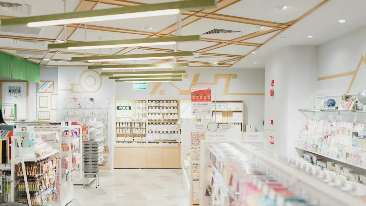 Fully stocked shelves and counters in a pharmacy