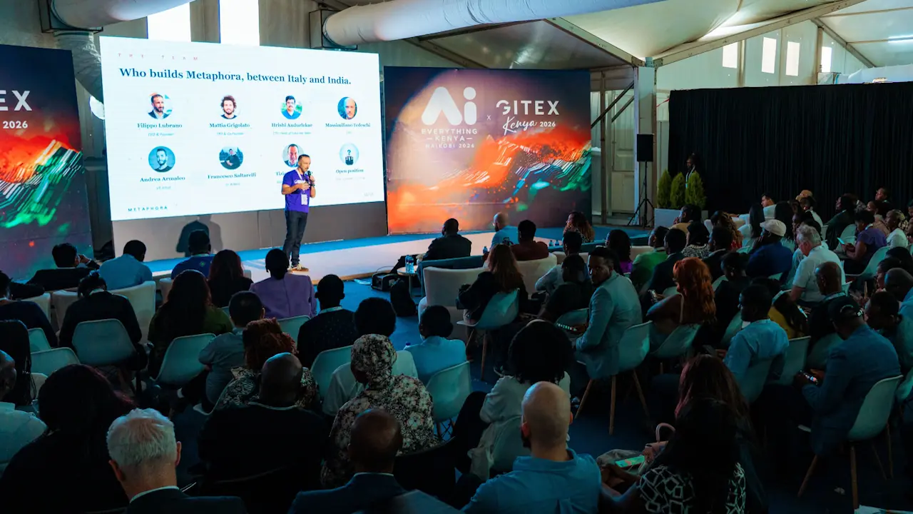 A presenter speaks before a room of conference goers at the AI Everything Kenya x GITEX Kenya Conference in Nairobi, held between 19 and 21 May 2026
