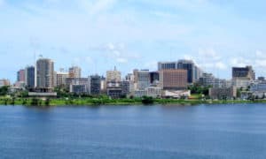 Abidjan's central business district, with the headquarters of the African Development Bank visible
