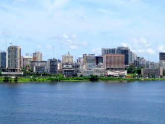 Abidjan's central business district, with the headquarters of the African Development Bank visible