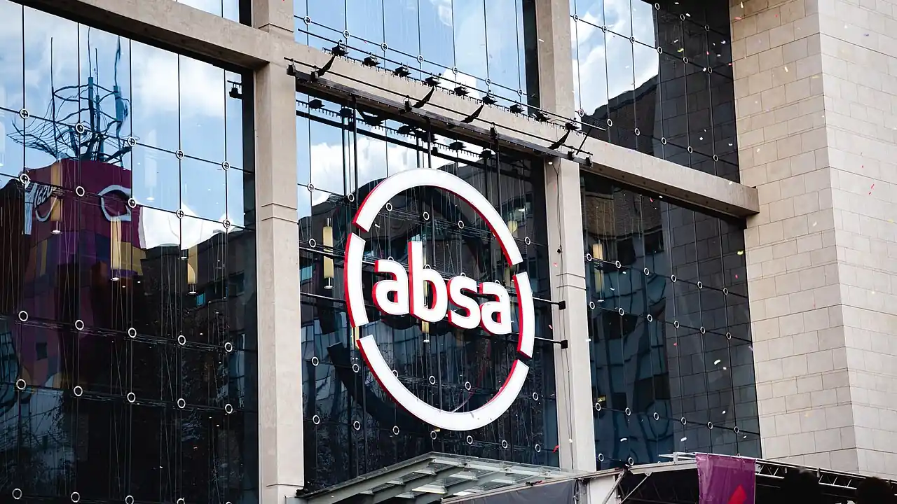 Absa Group logo on exterior of head office building in Johannesburg, South Africa.