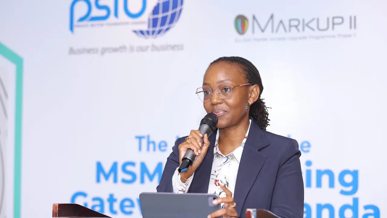 A woman speaks at the official launch of the Micro, Small and Medium Enterprises (MSME) Financing Gateway in Kampala on 22 August 2024. The platform is an initiative of the Private Sector Foundation of Uganda and the International Trade Centre, with funding from the European Union, and is part of the MARKUP II programme, which aims to link MSMEs with available MSME-specific finance providers across East Africa. The Financing Gateway is a free, multilingual and impartial directory of finance sources, business support organisations and consultants that businesses can quickly filter, select and use to connect with finance options and business development services that meet their needs.