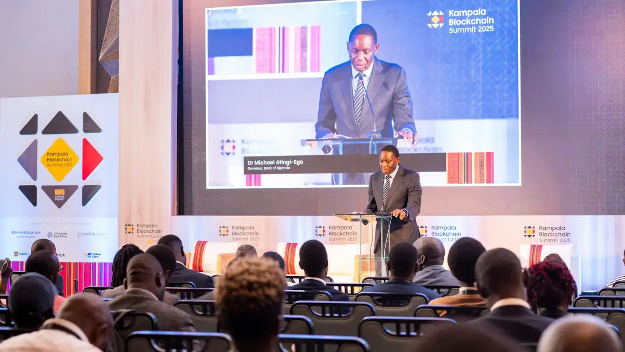 Michael Atingi-Ego, governor of the Bank of Uganda, addresses the 2025 Kampala Blockchain Summit.