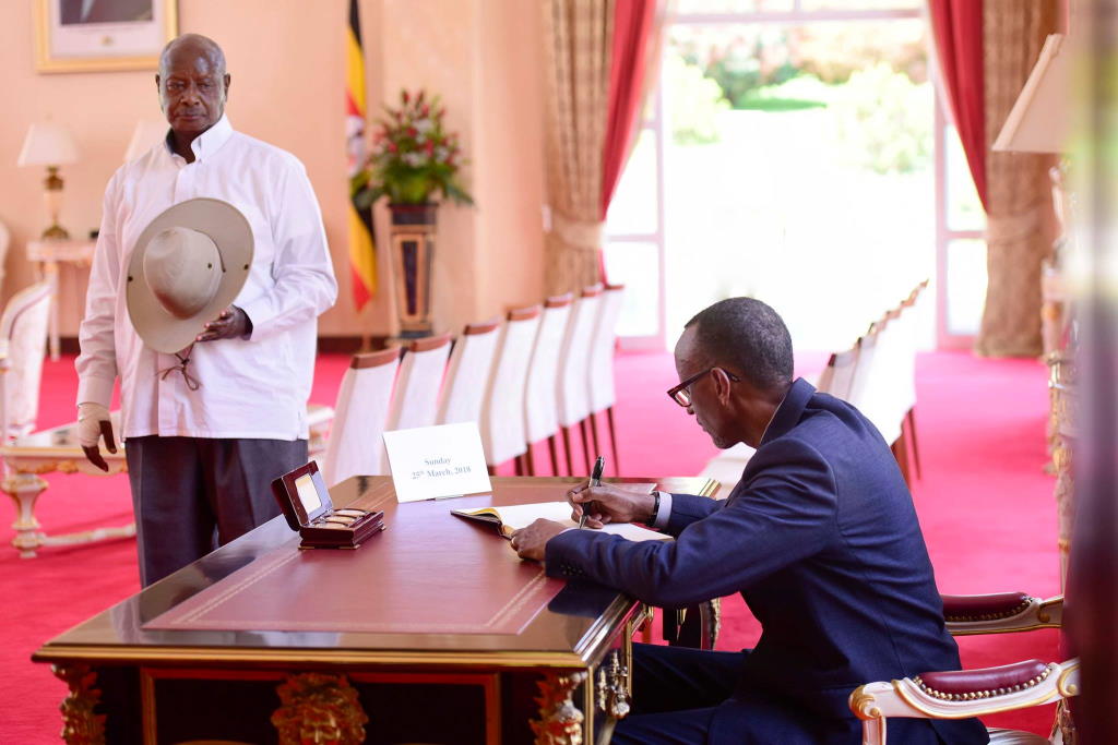 Presidents Yoweri Museveni and Paul Kagame at State House, Entebbe, in March 2018.