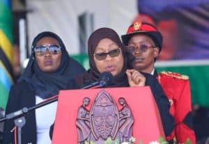 Tanzania's President Samia Suluhu Hassan addressing a large public event