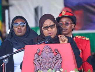 Tanzania's President Samia Suluhu Hassan addressing a large public event