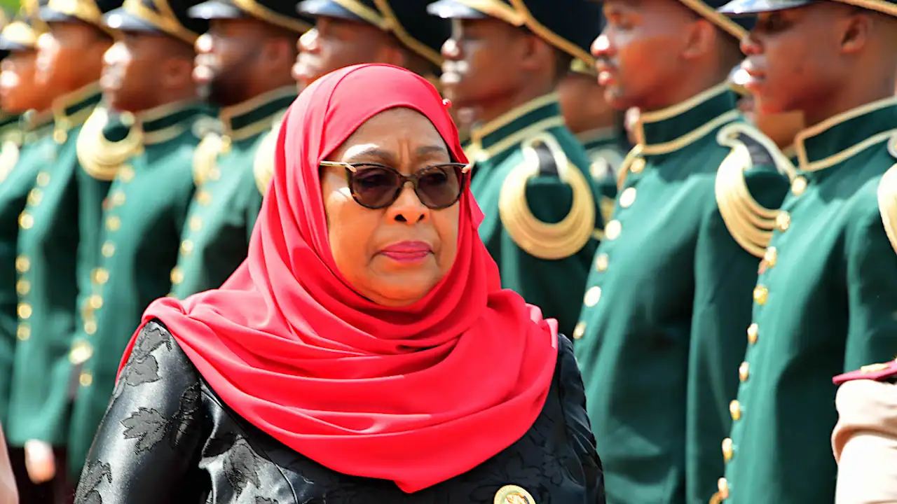 President Samia Suluhu Hassan of the United Republic of Tanzania inspecting the the guard of honour in during a state visit to South Africa in March 2023