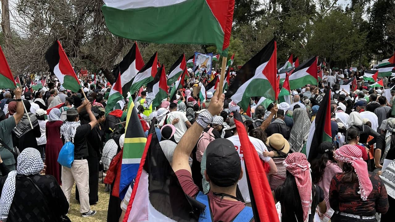 Palestinian flags at a pro-Palestine rally in Johannesburg, 28 October 2023