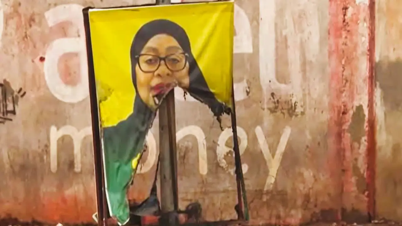 A defaced campaign poster of Samia Suluhu Hassan, the president of Tanzania, during the protests that followed her controversial re-election with an overwhelming majority of 98% in early November 2025