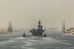 Ship transits through the Suez Canal.