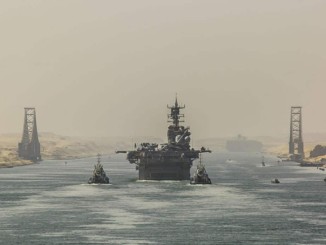 Ship transits through the Suez Canal.