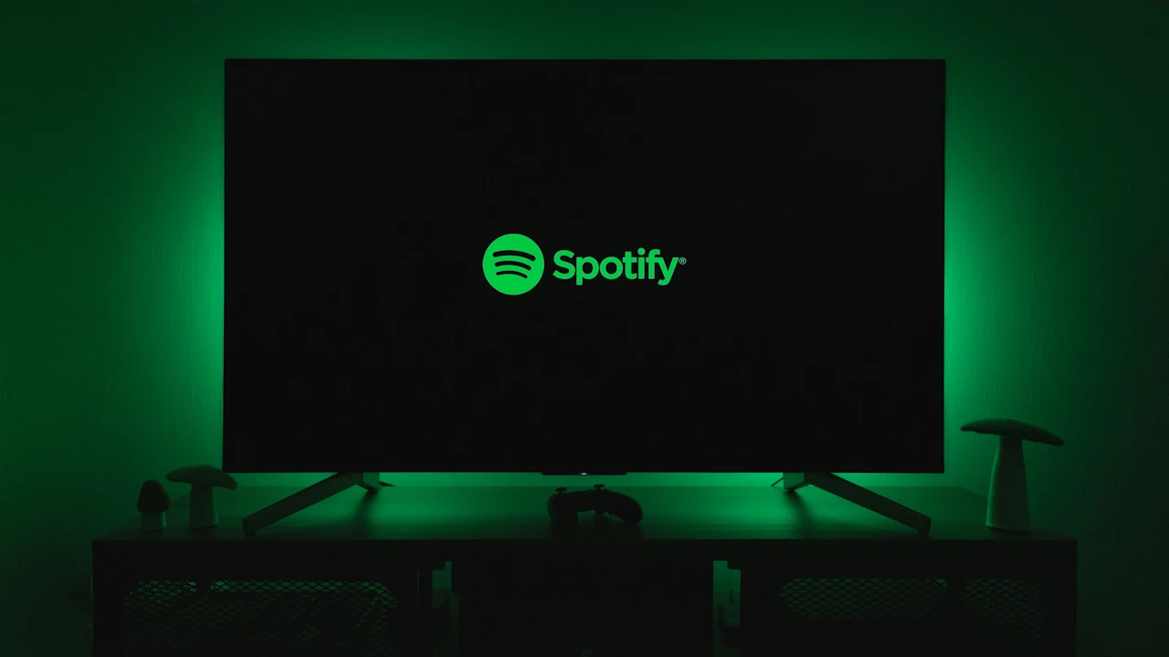 The Spotify logo displayed on a television screen in a darkened room, illuminated by green ambient backlighting with a game controller visible in the foreground.
