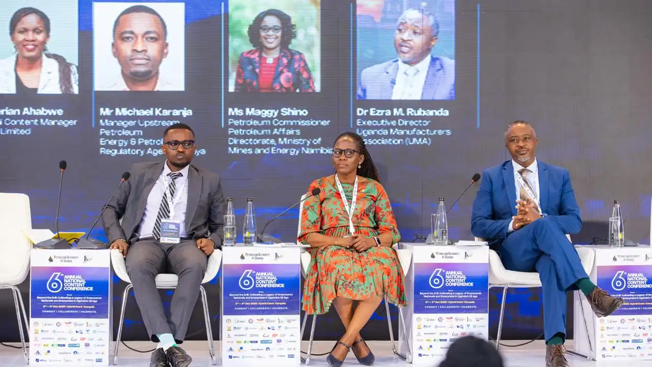 Panel discussion at Uganda's 6th Annual National Content Conference featuring regional petroleum officials including Maggy Shino from Namibia and Michael Karanja from Kenya.