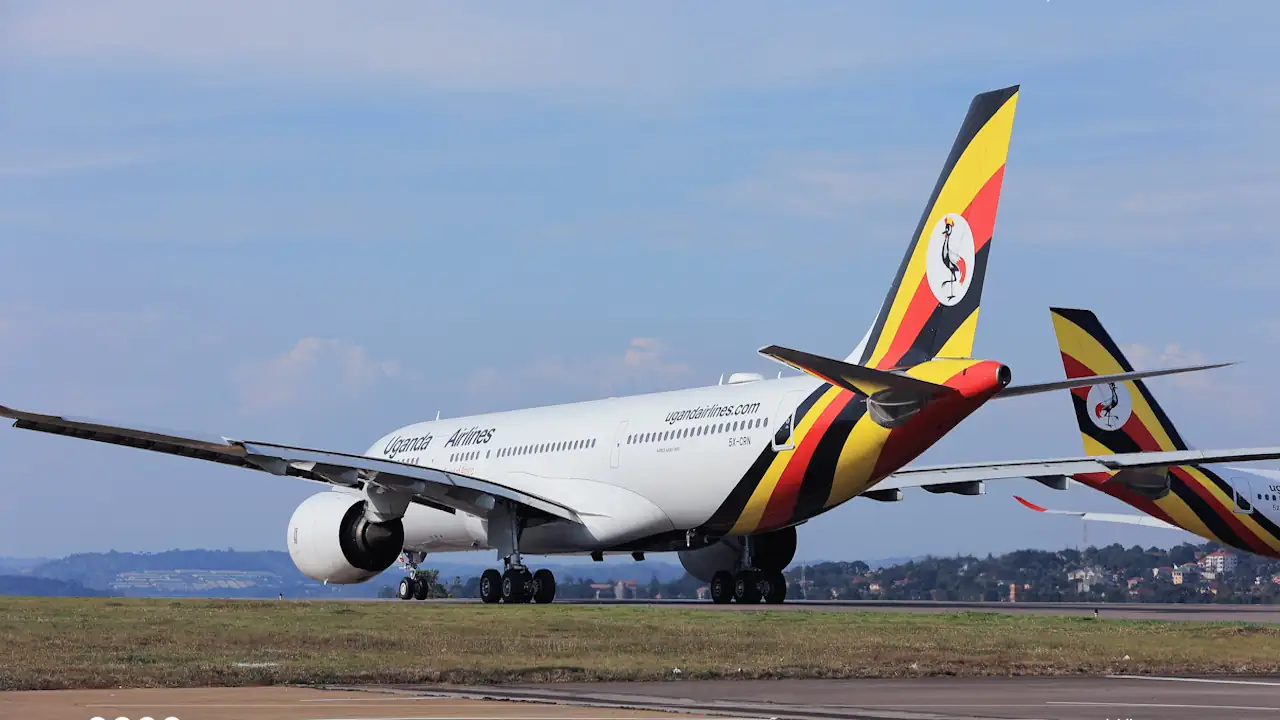 Uganda Airlines Airbus A330 aircraft on the runway at Entebbe International Airport.