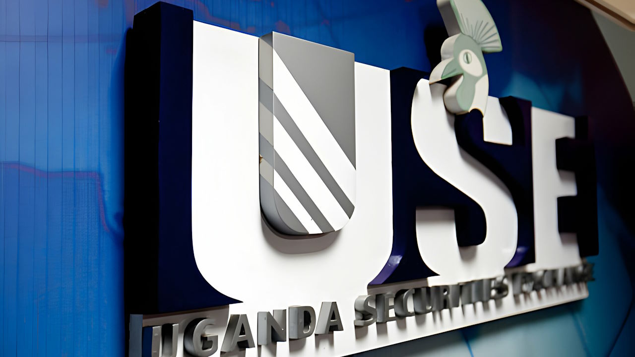 A sign at the entrance of the Uganda Securities Exchange in Kampala