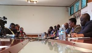 Press conference in a board room